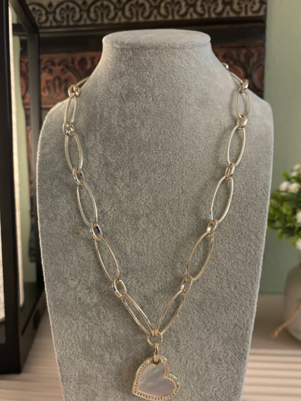 Pearl and CZ Heart on Rhodium Plated Necklace